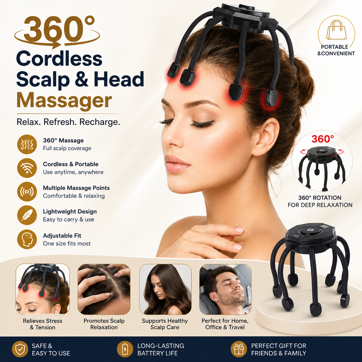 360° Cordless Scalp & Head Massager – Portable Relaxation Massage Tool